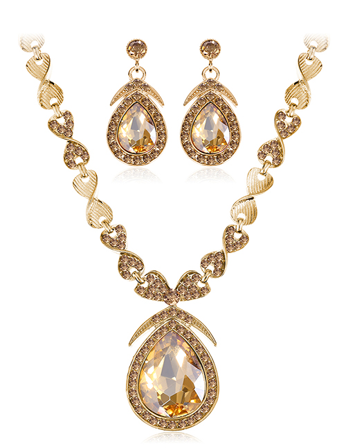 Fashion Gold Geometric Pear Stud Earrings Necklace Set