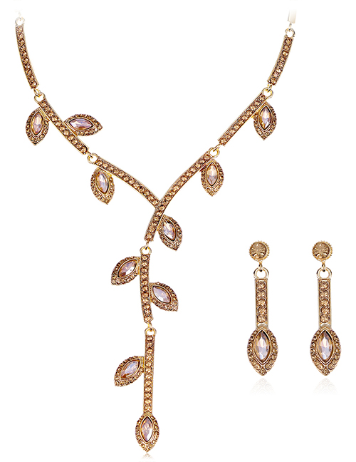 Fashion Gold Geometric Diamond Drop Earrings Necklace Set