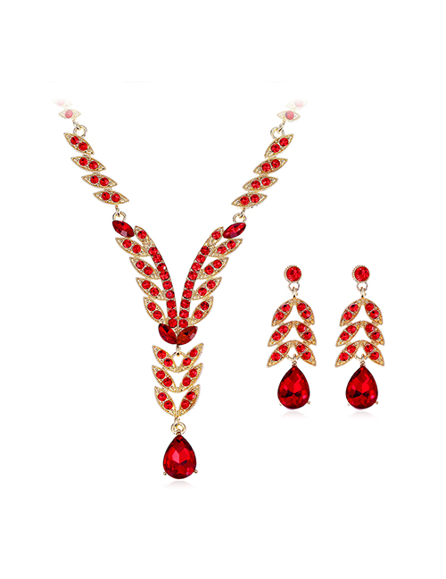 Fashion Red Geometric Diamond Drop Earrings Necklace Set