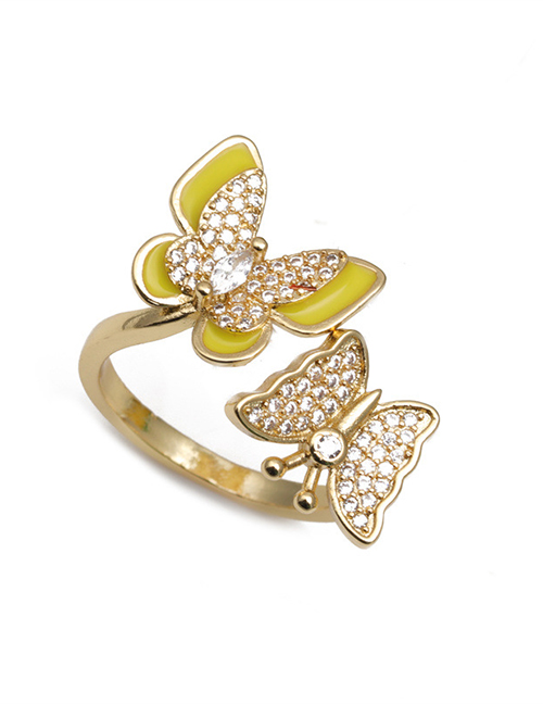 Fashion Yellow Bronze Zirconium Drip Oil Butterfly Open Ring