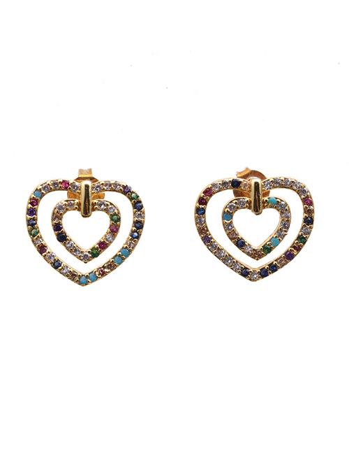 Fashion 5# Bronze Diamond Double Heart Stud Earrings