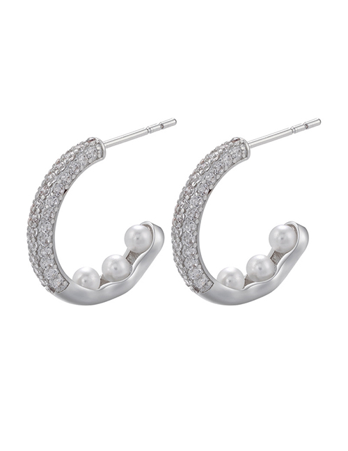 Fashion 1 Pair Of White Gold C-shaped Earrings In Copper With Zirconium And Pearls