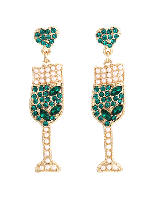 Fashion Green Alloy Diamond And Pearl Champagne Goblet Stud Earrings