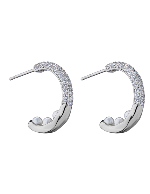 Fashion White Gold C-shaped Earrings In Copper With Zirconium And Pearls