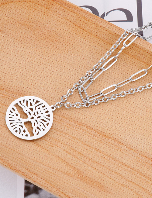 Fashion Silver Titanium Steel Hollow Tree Of Life Double Layer Necklace