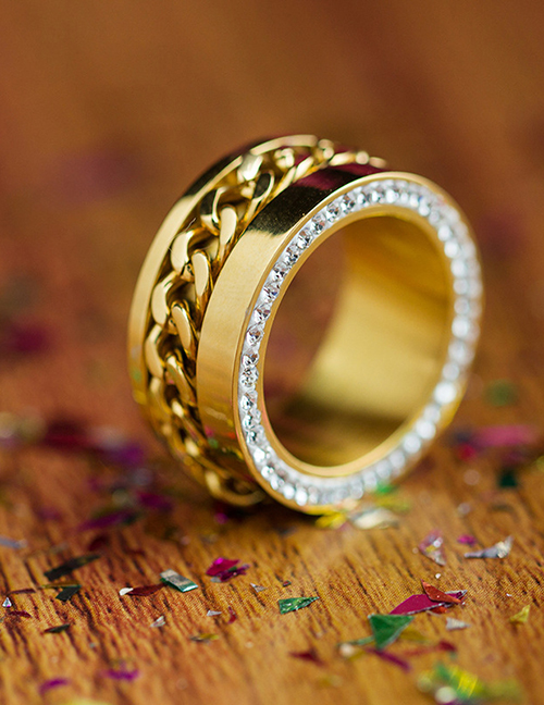 Fashion Gold Titanium Steel Diamond Chain Ring