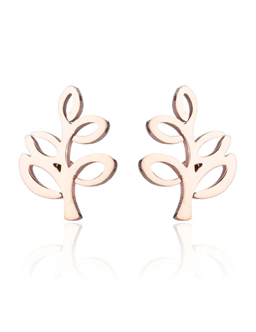 Fashion Rose Titanium Steel Geometric Leaf Stud Earrings