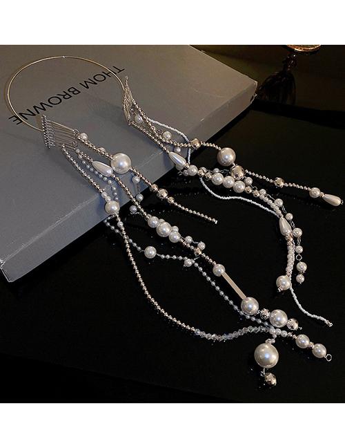 Fashion Silver Pearl Crystal Beaded Tassel Headband