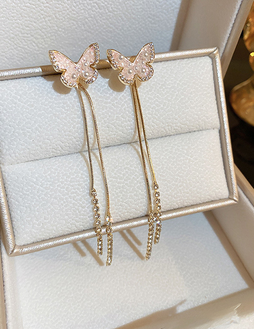 Fashion Gold Bronze Zirconium Pearl Butterfly Tassel Drop Earrings