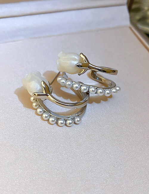 Fashion Silver Pearl Tulip C-shaped Double Layer Earrings