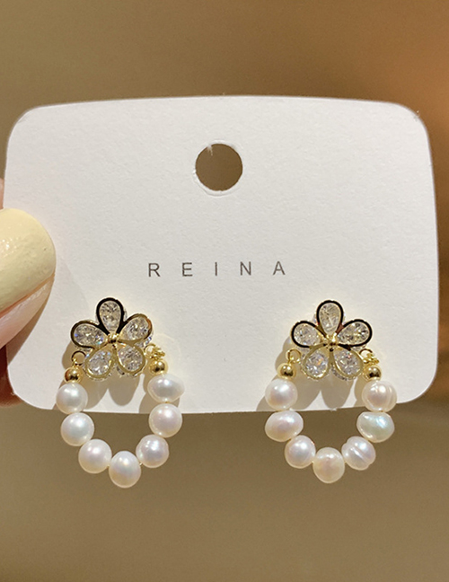 Fashion Gold Geometric Zirconium Flower Pearl Stud Earrings