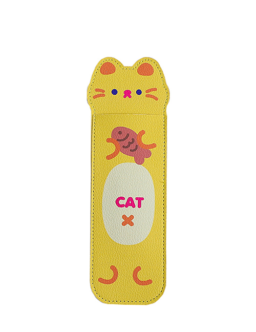 Fashion Yellow Cat Pu Cartoon Strap Portable Pencil Case