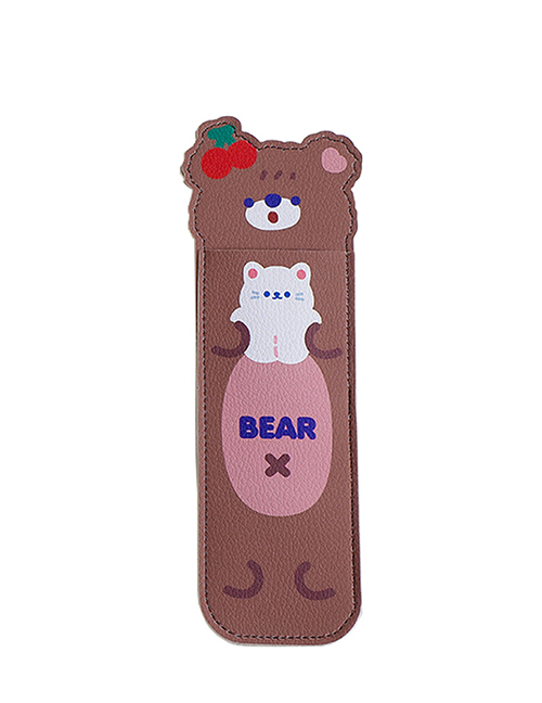 Fashion Brown Bear Pu Cartoon Strap Portable Pencil Case