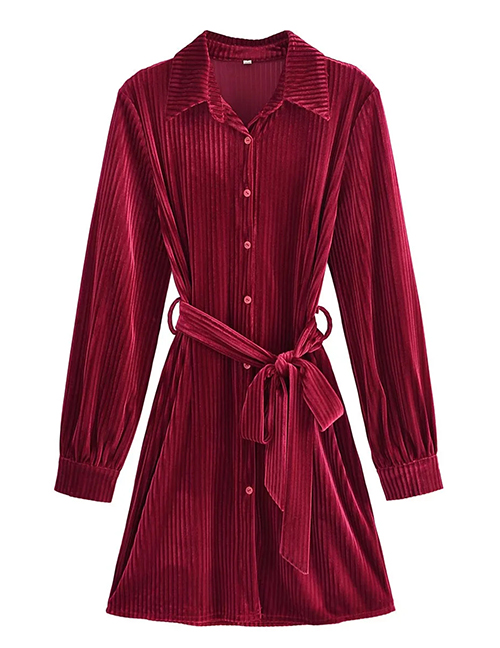 Fashion Red Stripes Striped Velvet Lace-up Dress