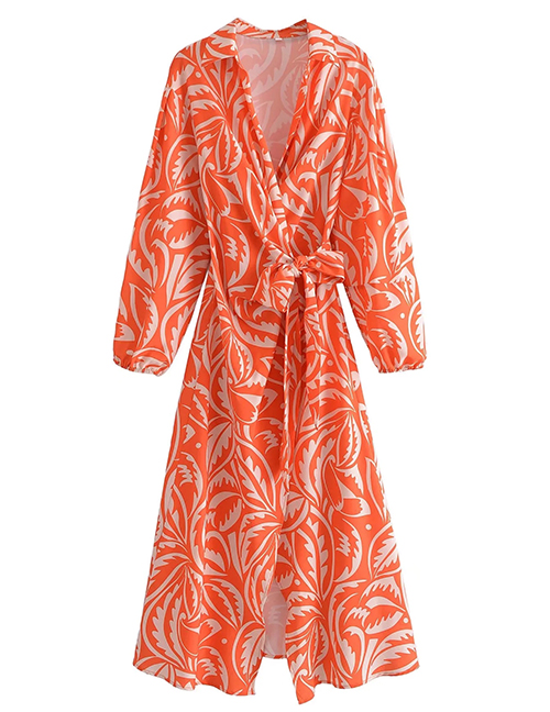 Fashion Orange Print Printed Waist Dress