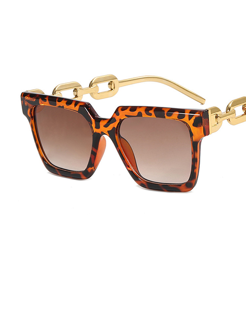 Fashion Leopard Double Tea Metal Large Frame Square Cutout Sunglasses