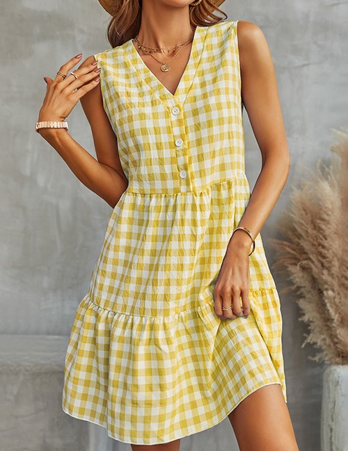 Fashion Yellow V-neck Check Sleeveless Dress