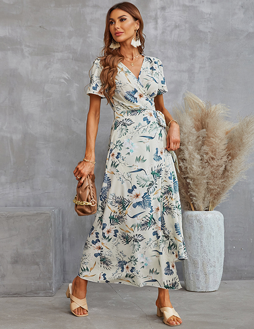 Fashion Apricot Printed Knotted V-neck Dress
