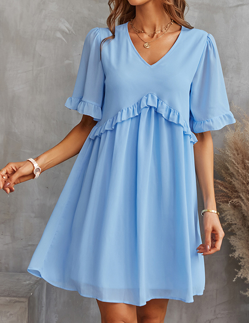 Fashion Light Blue Chiffon V-neck Ruffle Dress