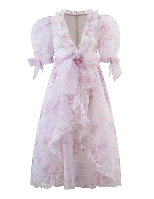 Fashion Pink V-neck Printed Ruffle Dress