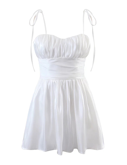 Fashion White Solid Color Pleated Slip Dress