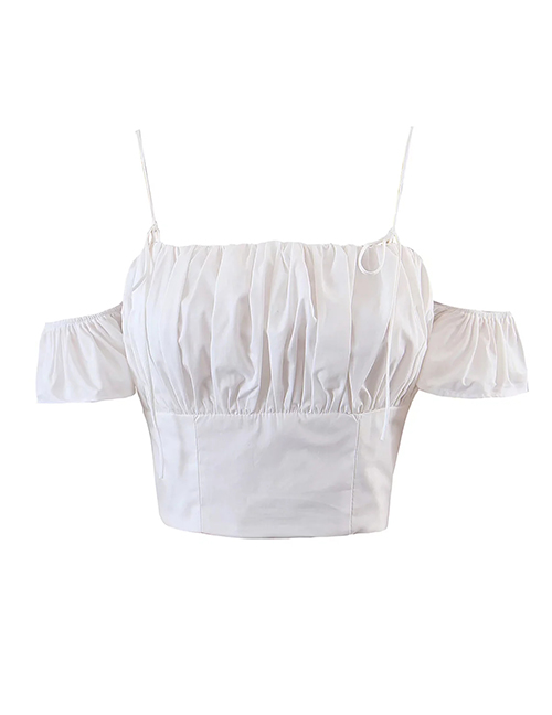 Fashion White Cotton Cropped Crinkled Suspender Top