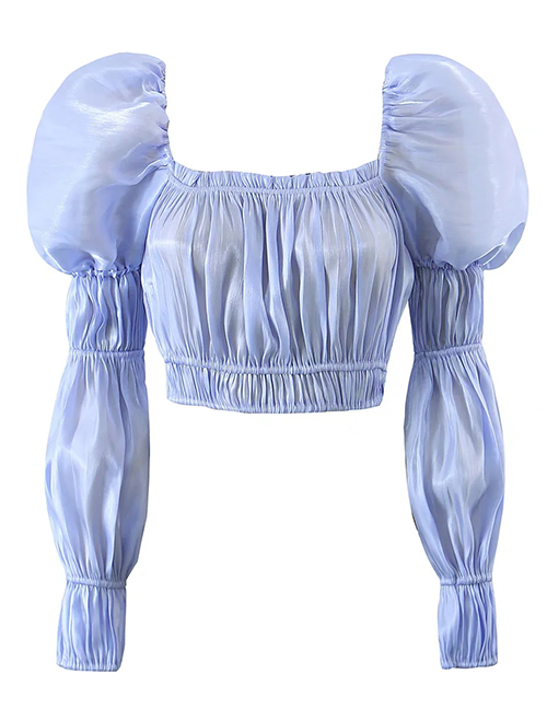 Fashion Blue Polyester Puff Sleeve Crinkled Cropped Top