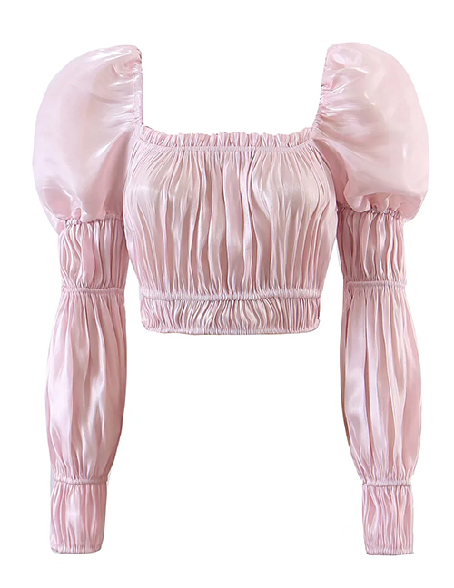 Fashion Pink Polyester Puff Sleeve Crinkled Cropped Top
