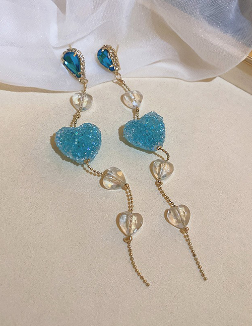 Fashion 5# Long Blue Alloy Diamond Heart Fudge Tassel Earrings