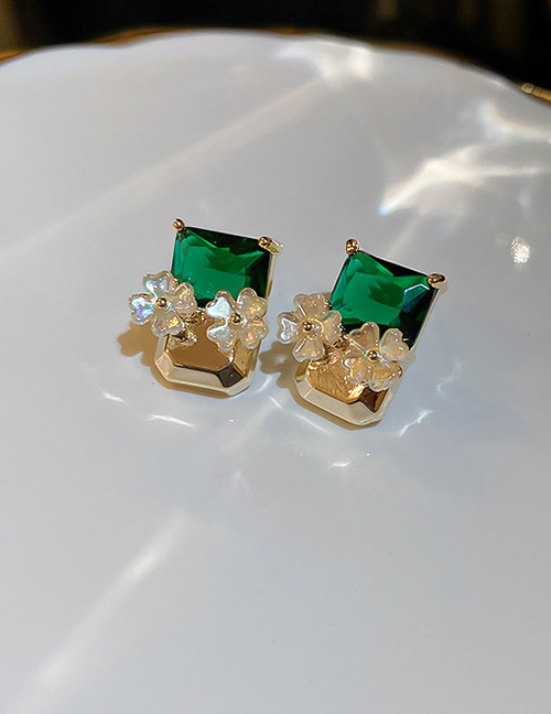 Fashion Green Brass Set Square Zirconia Flower Stud Earrings