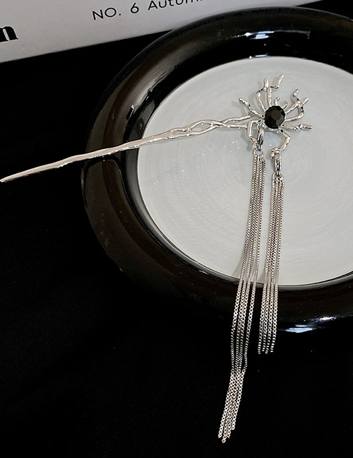 Fashion Hairpin - Silver Metal Diamond Spider Tassel Hairpin