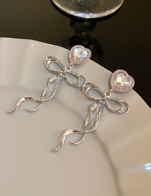 Fashion Silver Alloy Diamond Heart Bow Stud Earrings