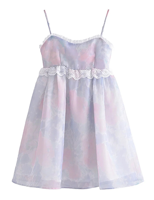 Fashion Purple Organza-print Lace Slip Dress