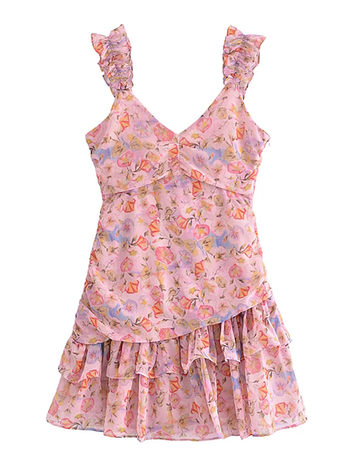 Fashion Pink Geometric Print Irregular Slip Dress
