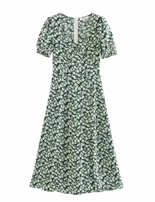 Fashion Green Cotton Linen Print Square Neck Dress
