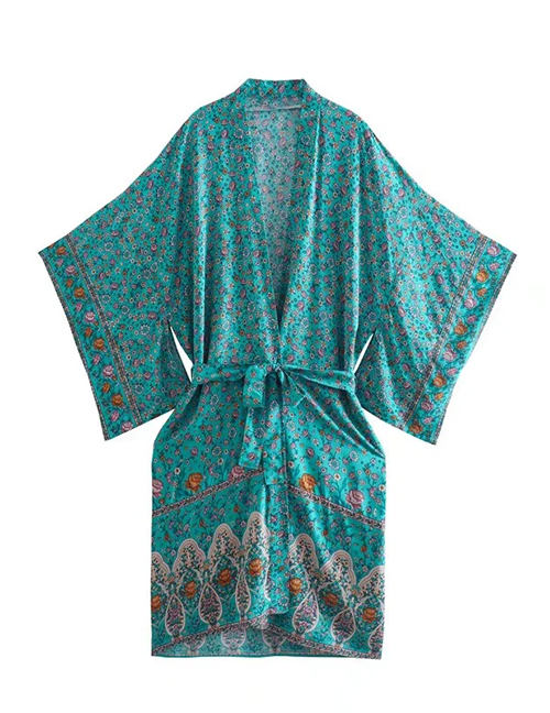 Fashion Green Printed Tie Kimono Jacket