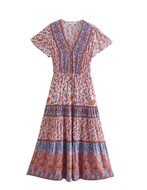 Fashion Beige Rayon Print V-neck Dress