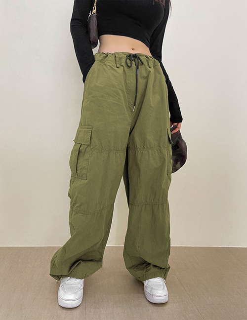Fashion Armygreen Woven Lace-up Side Pocket Cuffed Cargo Trousers