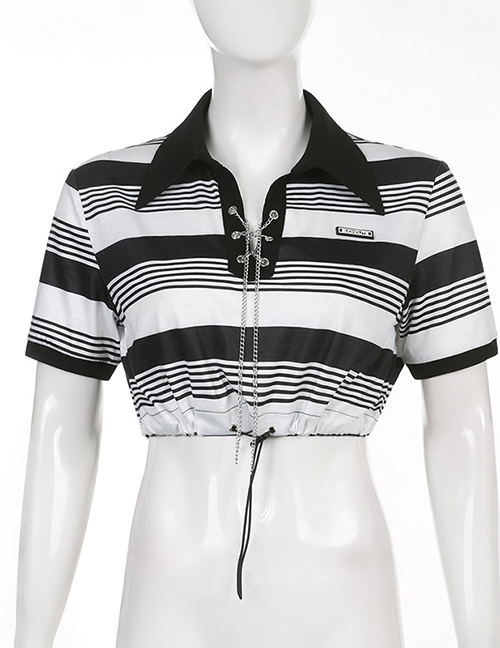 Fashion Black Striped Contrast Polo Collar Top