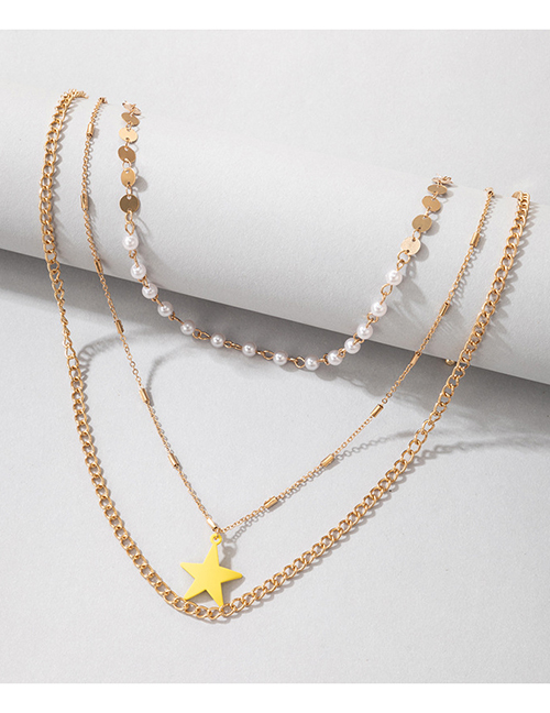 Fashion Gold Alloy Spray Paint Star Pearl Stitching Disc Multi-layer Necklace