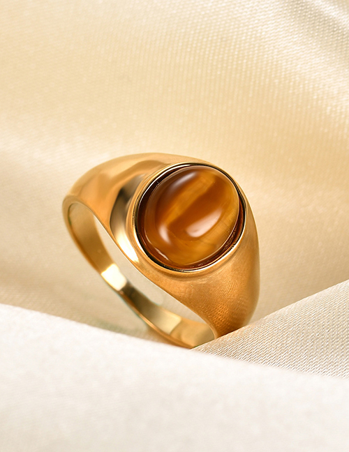 Fashion Brown Stainless Steel Oval Tiger Eye Ring