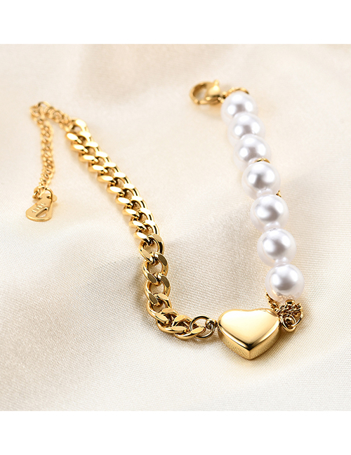 Fashion Gold Color Titanium Steel Pearl Stitching Chain Heart Bracelet