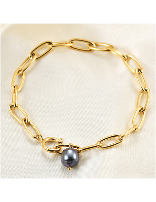 Fashion Gold Color Titanium Steel Geometric Chain Black Pearl Bracelet
