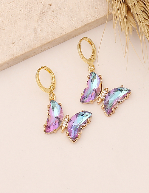 Fashion 6# Light Purple Brass Diamond Gradient Butterfly Earrings