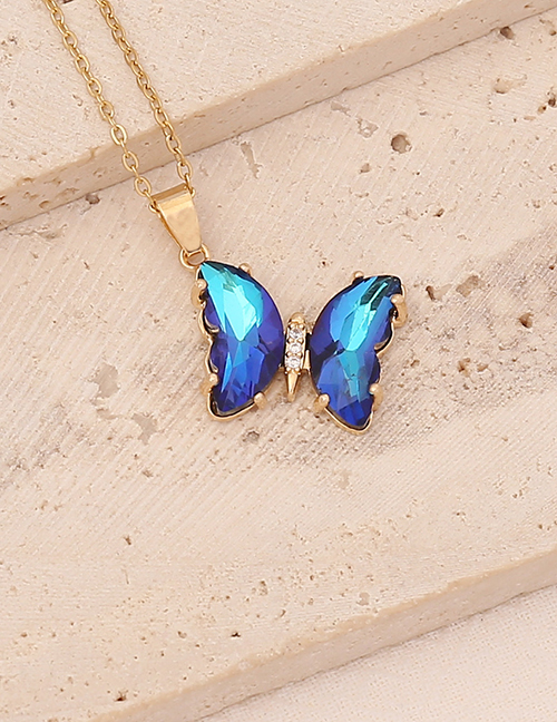 Fashion 4# Dark Blue Titanium Steel Glass Gradient Butterfly Necklace