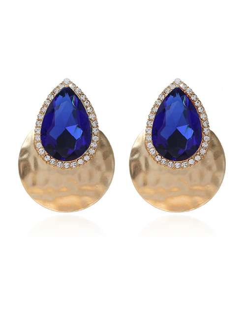 Fashion Blue Metal Drop Diamond Disc Stud Earrings