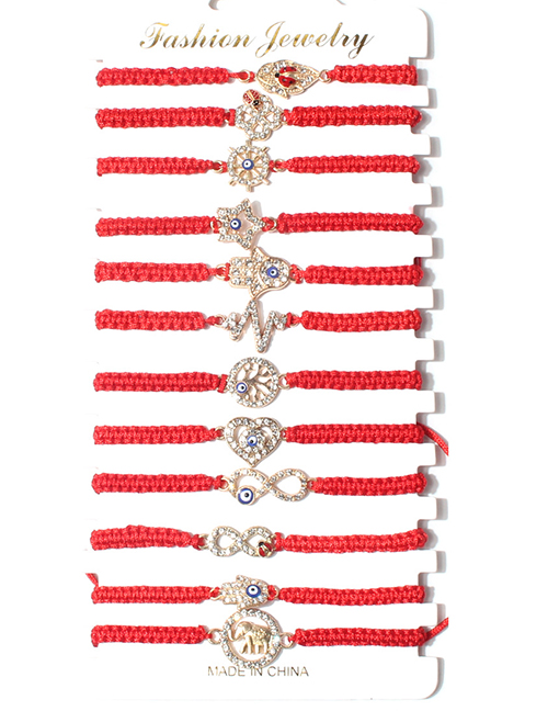 Fashion Red Alloy Cord Braided Diamond Eyes Heart Heart Ekg Pentagram Bracelet Set