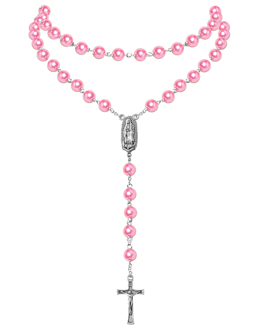 Fashion Pink Pearl Beaded Jesus Cross Necklace