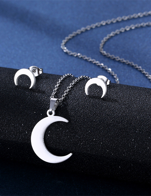 Fashion Silver Color Titanium Moon Stud Necklace Set