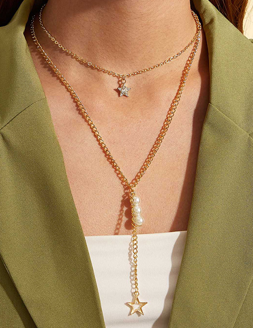 Fashion Gold Alloy Diamond Pentagram Pearl Double Necklace